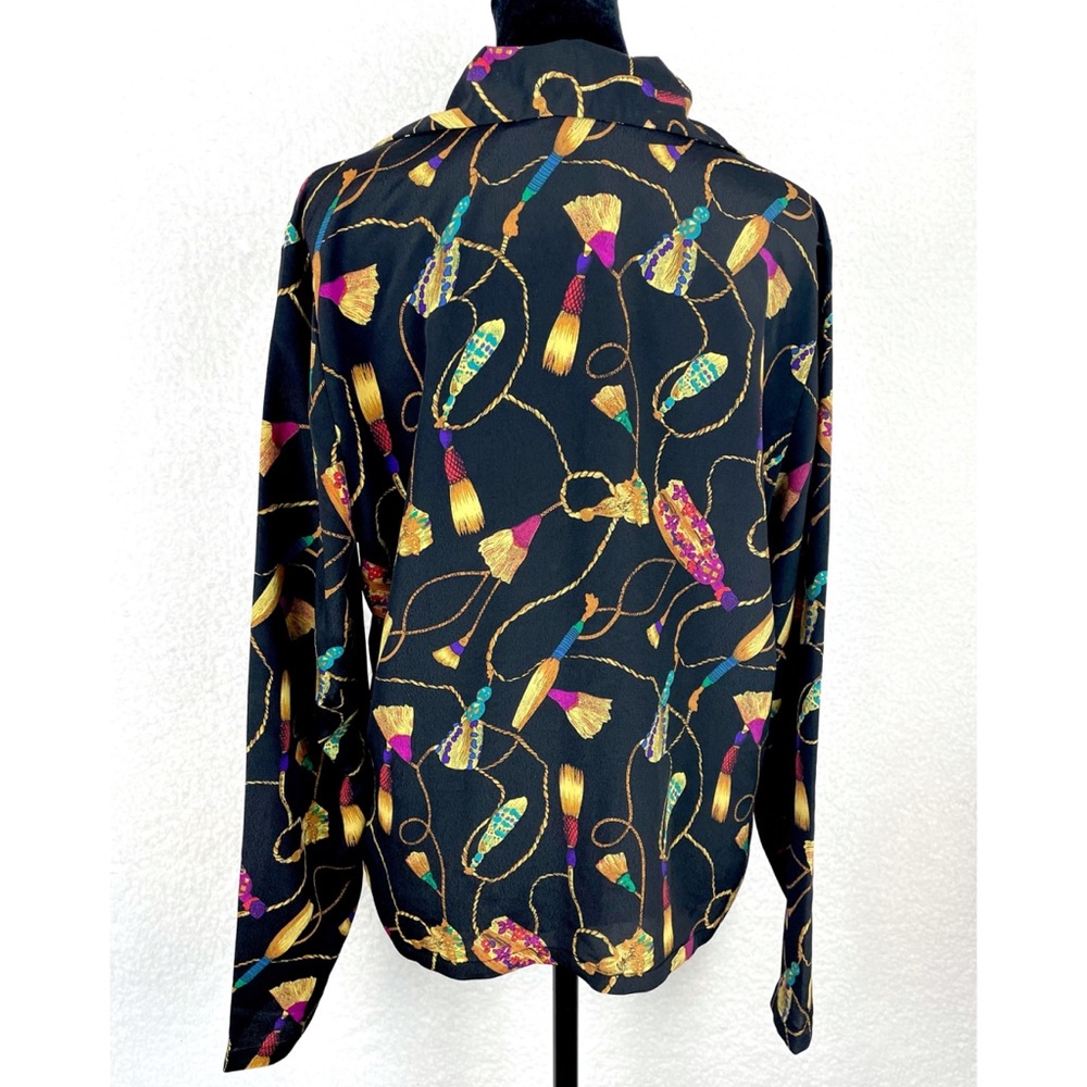 (VTG) CHRISTIE & JILL • Black Tassel Print Long Sleeve Blouse, 8 - Picture 7 of 15
